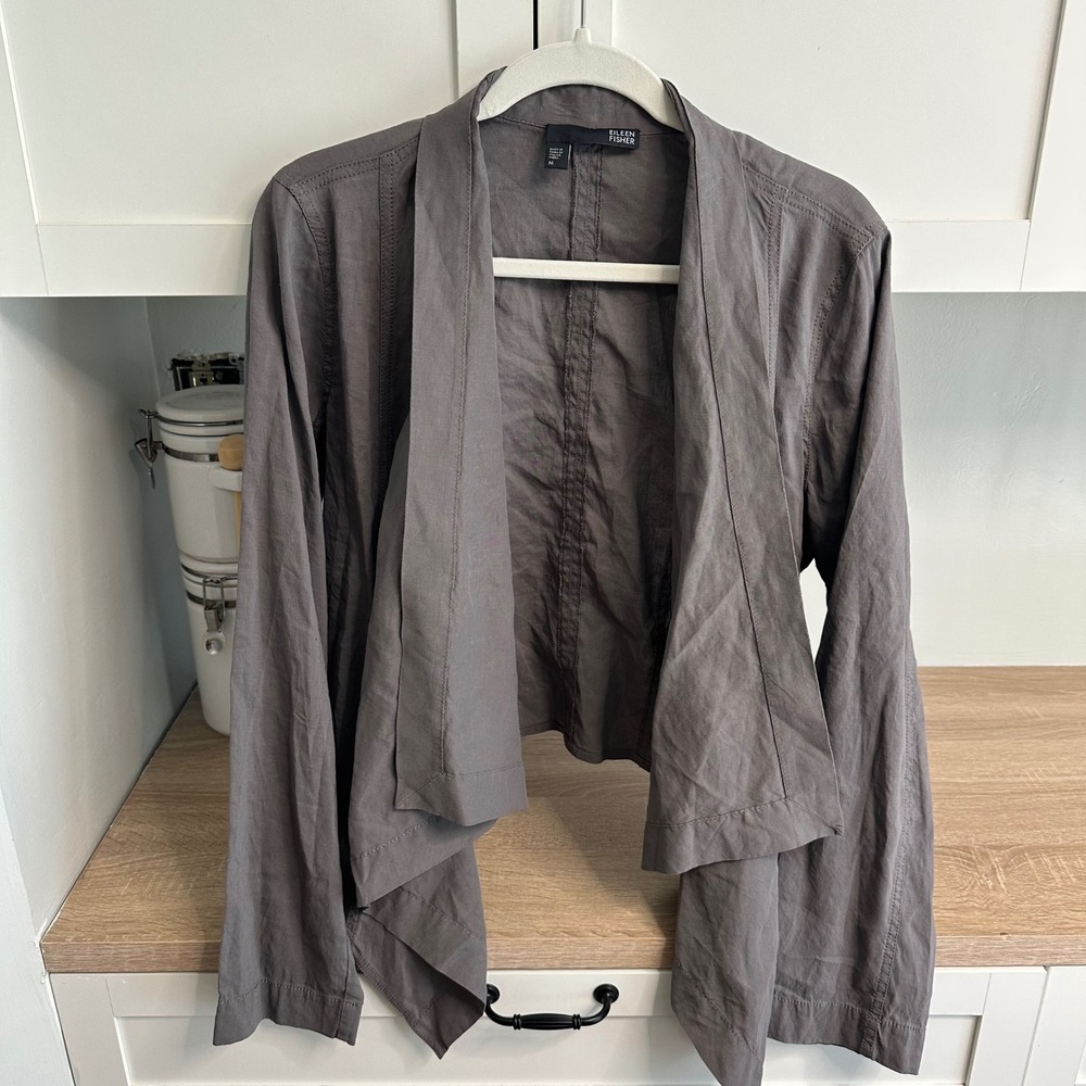 Eileen Fisher Cardigan Women M Grey Linen Draped Waterfall Open Front minimalist